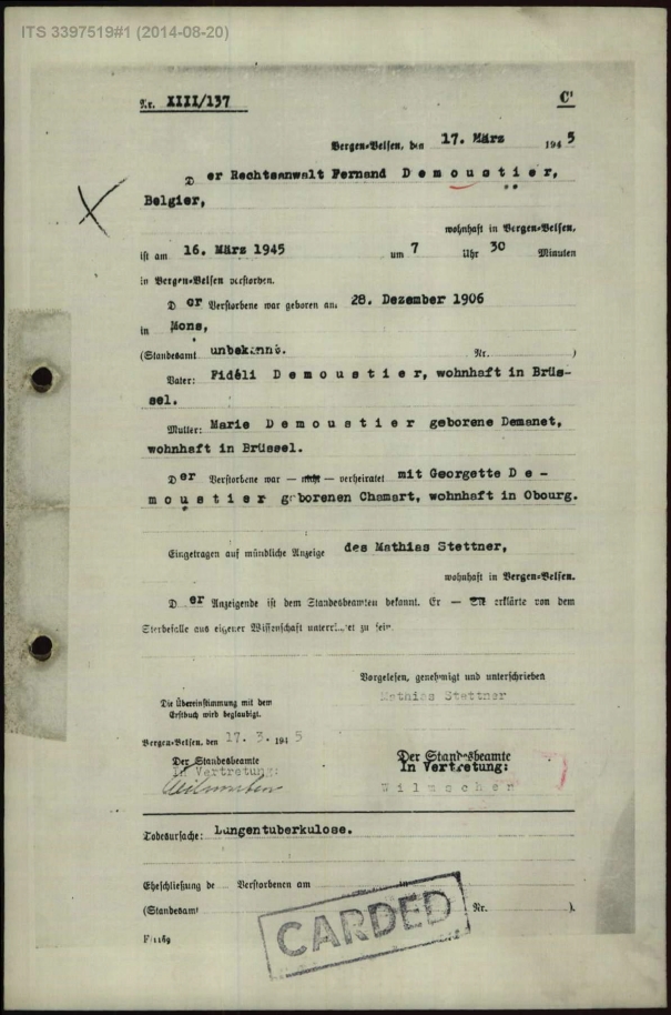 Eintrag im Sterbezweitbuch des KZ Bergen-Belsen über den Tod von Fernand Demoustier Dokument 3397519 (1.1.3.1/0028/0032), ITS Digitales Archiv