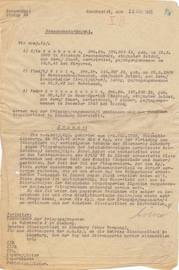 Kommandanturbefehl des Stalag X B Sandbostel vom 22. März 1945. (Deutsche Dienststelle Berlin, Mappe „Sowjet. Rus. Kgf.. Stalag X“)