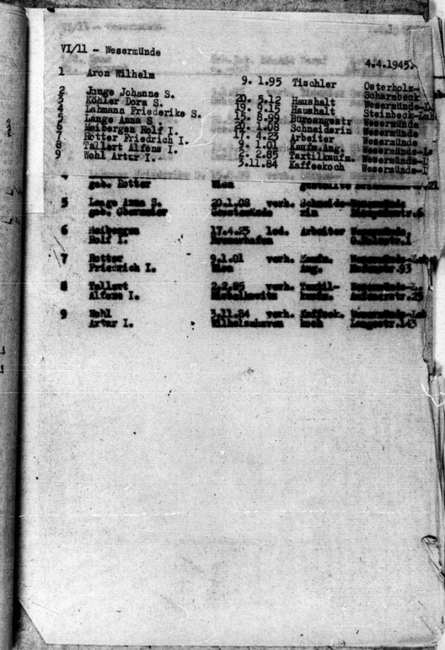 Deportationsliste VI/11 Wesermünde (Kopie des United States Holocaust Memorial Museum RG-68.103, Reel 6 aus Yad Vashem Archives, Bestand O.64/349)
