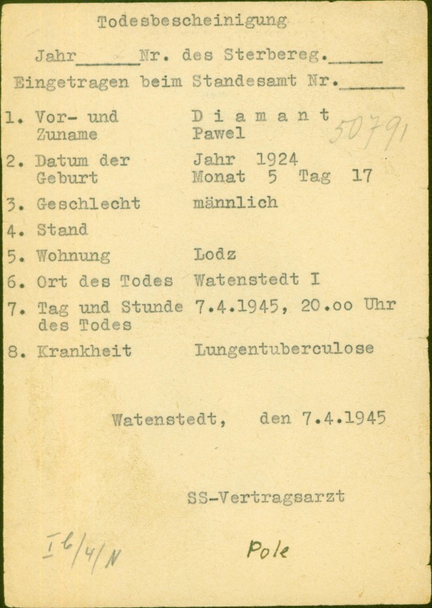 Todesbescheinigung von Pawel Diamant (Archiv Arbeitskreis Stadtgeschichte e.V., Bestand Friedhöfe/Quellen/Q7)