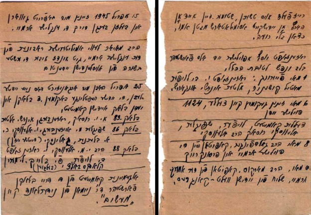 Zwei Seiten aus dem Notizheft von Rafael Olewski, auf denen er die Gründung des jüdischen Komitees in Bergen-Belsen am 25. April 1945 festhielt (Schenkung Familie Olewski, Yad Vashem Archive, Jerusalem)