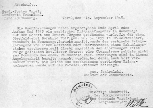 Vermerk Gendarmerie Varel, 10. September 1945 (Staatsarchiv Oldenburg)